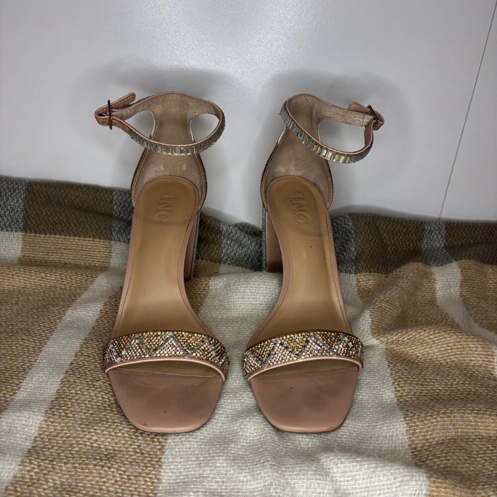 INC Block-Heel Sandals–Bedazzled Gold/Silver/Rose Gold–Size 8–3.5" Heel–Used